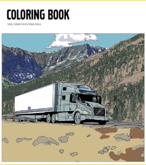 Coloring Book with a coloured in truck and mountains
